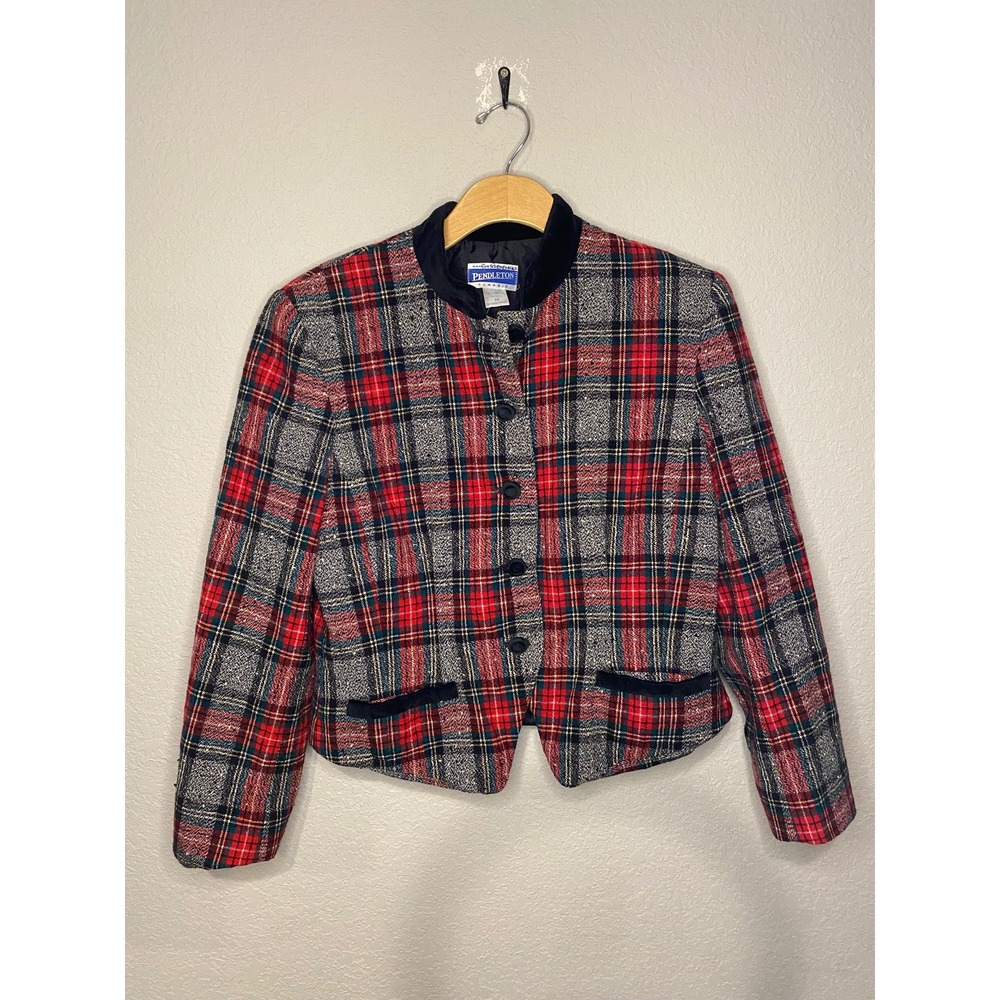 Vintage Pendleton Plaid Wool Blazer Velvet Trim Classic Jacket Red Gray Size 10